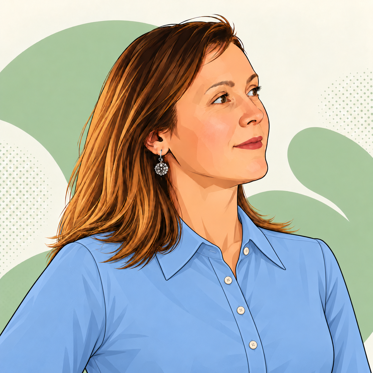 Retrato ilustrado de Elena Ojea con una camisa azul lisa de manga larga y cuello clásico