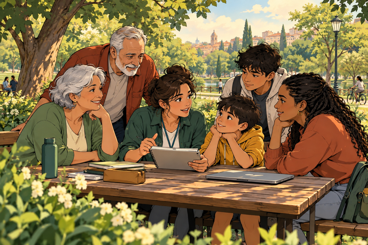 Ilustración de cómic de personas de varias generaciones compartiendo una conversación en un parque